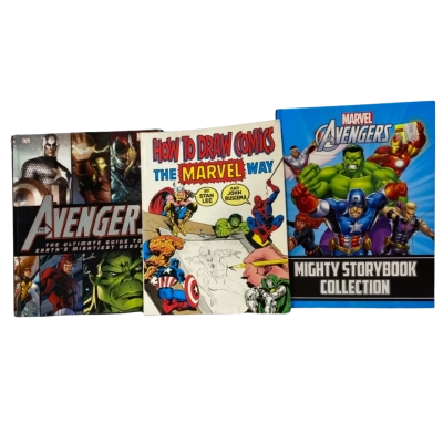 3 x Marvel Books: The Avengers Mighty Storybook Collection, The Avengers The Ultimate Guide To Earths Mightiest Hero’s and How To Draw Comics The Marvel Way 