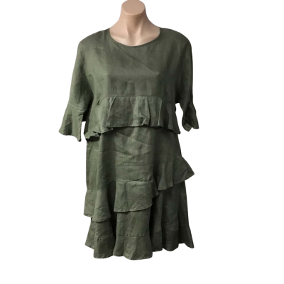 Adorne Womens Size S / M Khaki Green Frilly 100% Linen Short Sleeve Midi Dress / Short  Sleeve Dress
