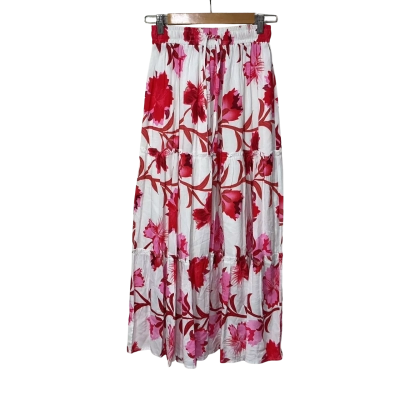 Thanne Womens Size 6 White  / Pink  / Red Floral Tiered Midi Skirt 