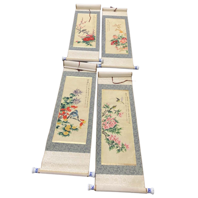 4x Chinese Watercolour on Silk Wall Scrolls