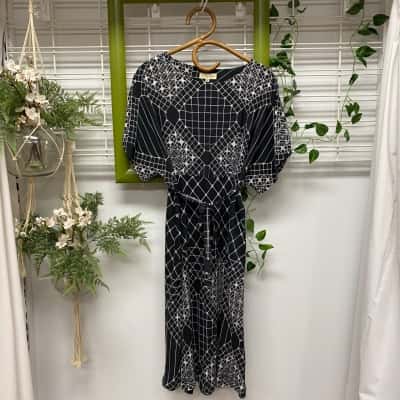 Nancy Bird Womens 100% Silk Midi Dress Black  / White 