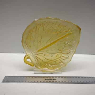 Vintage Amber Glass Leaf Dish Veined Textured Press Glass Trinket Bowl Stem Handle