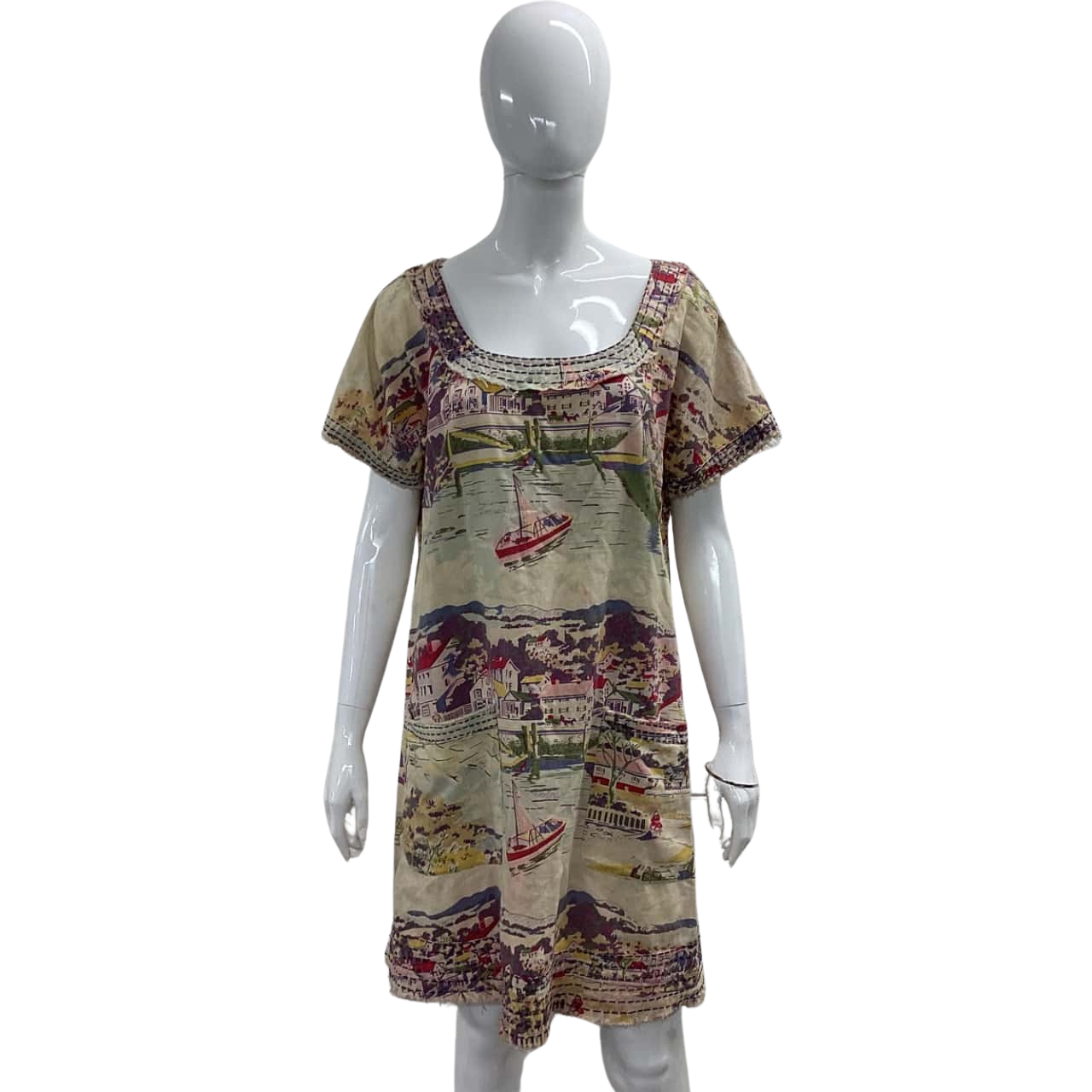 town scene print shirt dress