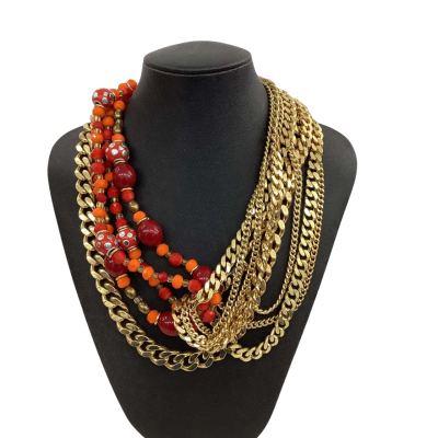 Mimco Womens Beaded Necklace Gold Tone Chain / Red Beads