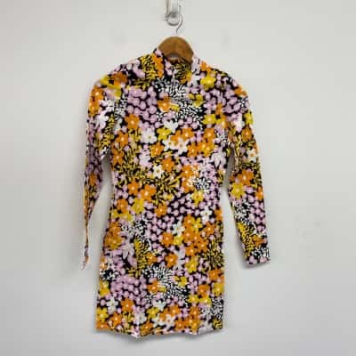 Ted Baker Floral Black Yellow Long Sleeve Bodycon Mini Dress Size 1 