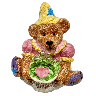 Vintage Kitch Teady Bear W/ Basket of Flowers Cookie Jar 
