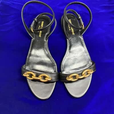  Saint Laurent Le Maillon Flat Sandals Black/Gold Size 39  