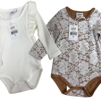 Cracked Soda - White & White/Brown - Girls bodysuits - size 00 - BNWT