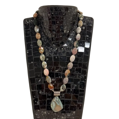 Beautiful Sterling Silver (925), Moss Agate and Ocean Jasper Beaded Necklace and Pendant