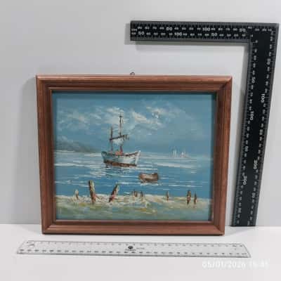 Artwork Painting Framed Boat Beach Small Unsigned 