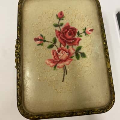 Pretty Gold Tone Embossed Metal Jewellery Box With Petit Point Top