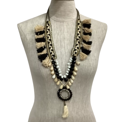  Statement Necklace with Beads and Tassels Black  / Cream 