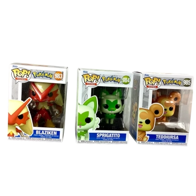 Pokémon Funko Pop! Games vinyl figures Blaziken (#983), Sprigatito (#984), and Teddiursa (#985). 