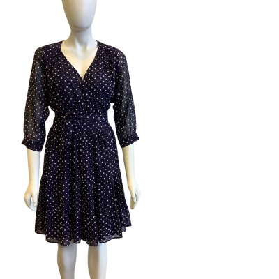 Trent Nathan Women's Size 10 Short Sleeved Midi Wrap Dress Navy Polka Dot 