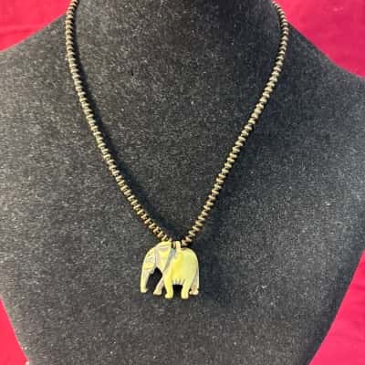  Women's Vintage Carved Elephant Pendant on Necklace made with Tiny Black & Tan Beads 