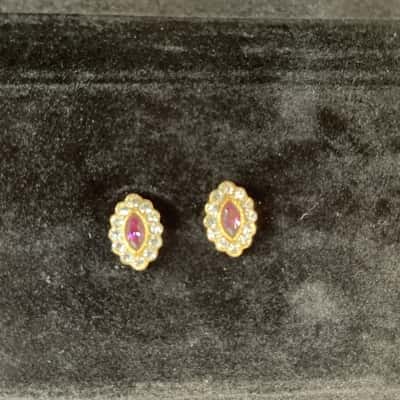Earrings Pink/Purple Oval Stones in Gold Coloured Setting 