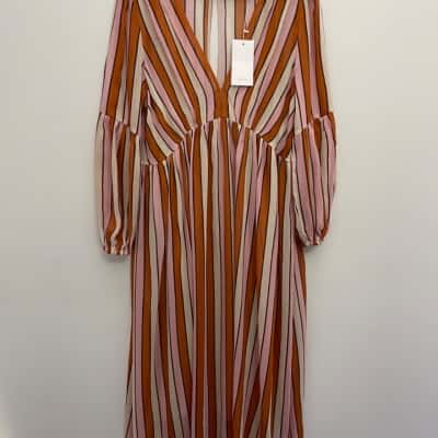 Auguste The Label Womens Size L Helena Midi Dress Beige / Orange / Pink  / Striped NEW with Tags 