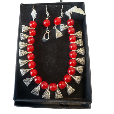  Womens Earrings / Necklace Red / Silver Tone on White Cord