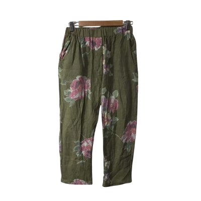 Cali & Co Womens Size S / M Khaki / Pink / Yellow / Green Floral 100% Linen Elastic Waist Pants