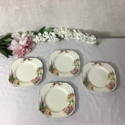 Vintage J & G Meakin "June" Crinoline Lady in Garden Set of 4 Square Side Plates