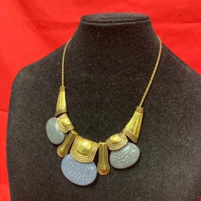 Ladies’ Gold Tone Bib Statement Necklace with Grey Marbled Stones