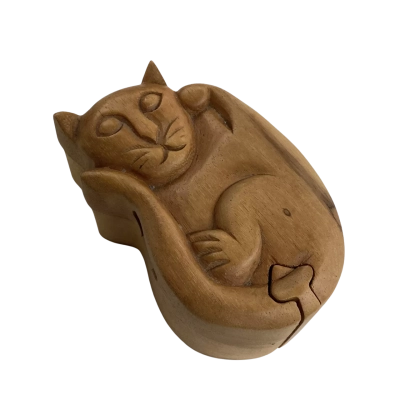 Hand Carved Wooden Cat Puzzle Jewellery Box