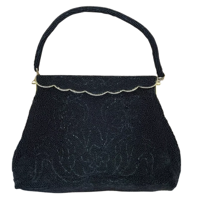 Vintage Black Beaded Evening Bag, Hand Beaded in Hong Kong