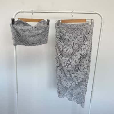 Showpo Blue Floral Lace Strapless Crop Top And Midi Skirt Set  Size 10 