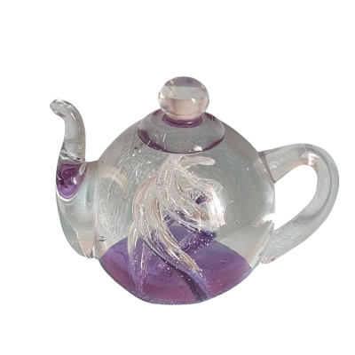 Teapot Paper Weight Glass with Purple Tornado Swirl Inside