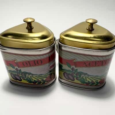 Vtg. style Triangular Metal Canisters—olive oil (Olio) & vinegar (Aceto)—featuring classic Italian landscape graphics 
