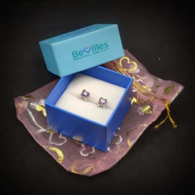 Amethyst Square Mounted In Silver Studs - Just Magic! In Original Box