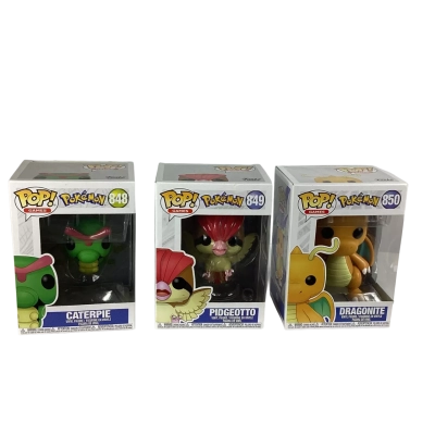 Pokémon Funko Pop! vinyl figures Games series: Caterpie (#848), Pidgeotto (#849), and Dragonite (#850).