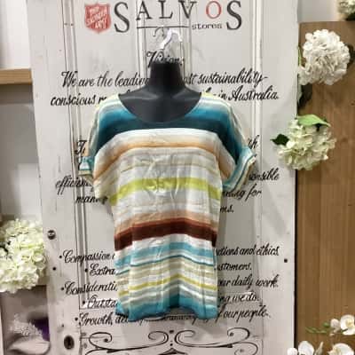 pingpong Brand! 55% LINEN BLOUSE ! GORGEOUS STRIPED FADEAWAY PATTERN! Womens  Size 10 Blouse / Short Sleeve Shirt / Short Sleeve Top Beige / Blue / Orange / Pattern / Striped 