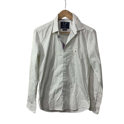 Louis Philippe Mens Size 39 White / Navy Blue / Yellow Pattern Slim Fit Long Sleeve Shirt 