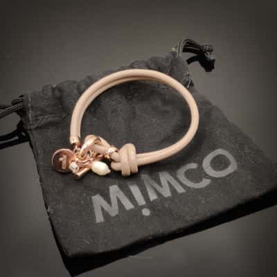 Mimco Rose Gold Plated Freshwater Pearl Bracelet On Beige Leather Cord