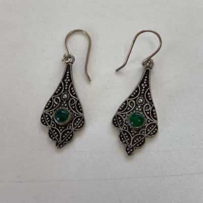Silver Filigree Dangle Small Round Green Cabochon Stone Earrings