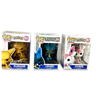 Pokémon Funko POP! Games series, Alakazam (#855), Lucario (#856), and Sylveon (#857). 