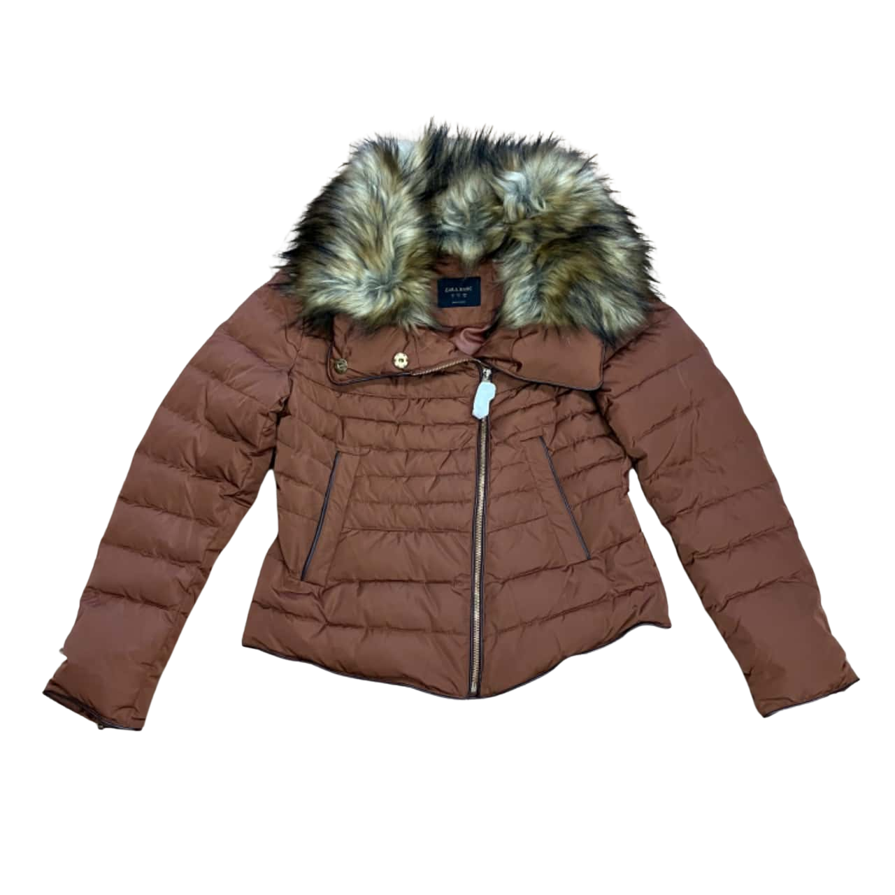 Zara Size L Puffer Jacket With Fur Trim Brown NEW