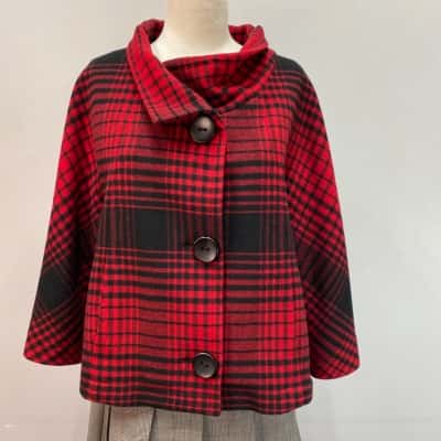 BNWOT Zong Yang Womens  Size L Cropped 3/4 Sleeve Wool Blend Jacket Black/Tartan