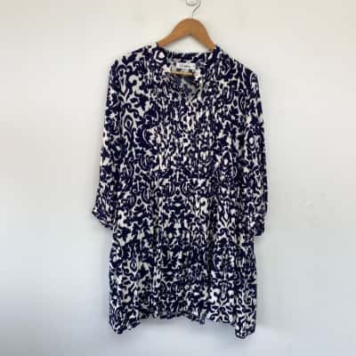 St. Frock Navy Blue White Pattern Short Sleeve Mini Dress Size 14 