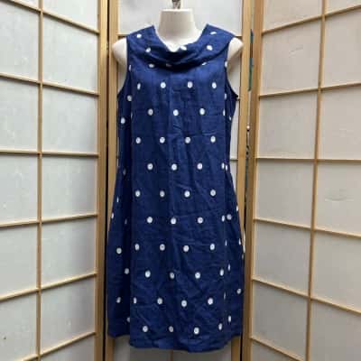 New With Tags SEE SAW Women’s Size 10 Linen Dress/ Sleeveless Dress /On Knee Length Dress Blue / Polka Dot / White  RRP:$199
