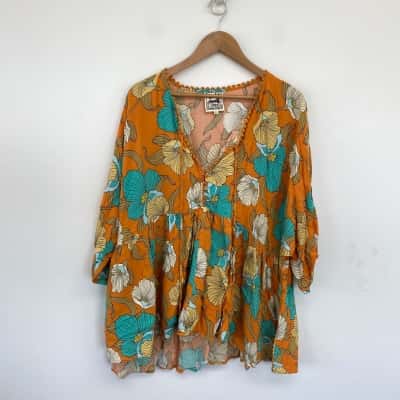 Jaase Orange Floral Long Sleeve Blouse Top  Size XL 
