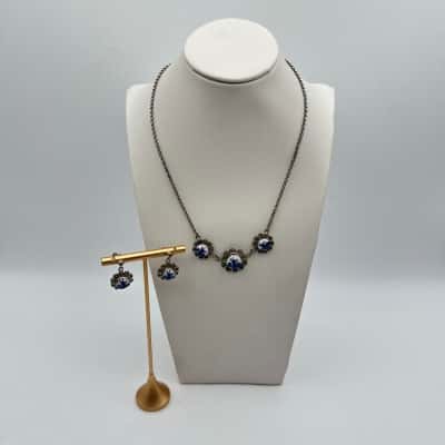 Vintage Sterling Silver Filigree Delf Blue Ceramic Necklace & earring set 