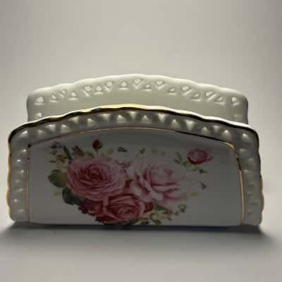 NIB-Royal Bone China England Collection Pink Rose Napkin Holder
