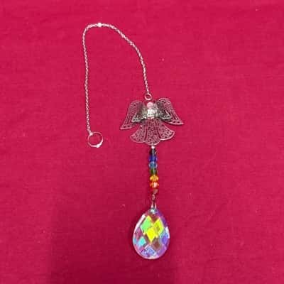 Large Teardrop Crystal Prism Sun-catcher with a Silver Angel Charm & Rainbow Beads
