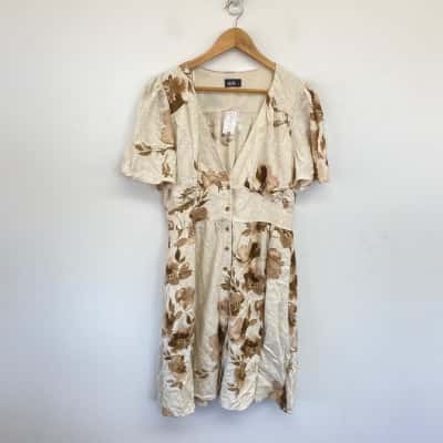 Dotti Beige Brown Floral Short Sleeve Midi Dress Size 14 