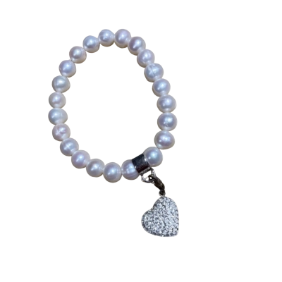  Women’s Gorgeous 925 Silver Diamanté Heart Charm Fresh Pearl Bracelet 