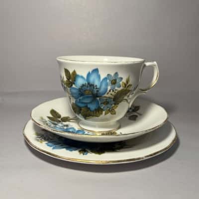 Vintage Queen Anne Bone China Tea Cup Trio With Blue Florals