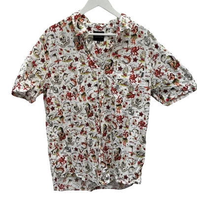 Prodigy Mens Size XL Hawaiian ‘Sailor Jerry’ tattoo style  Shirt Black  / Pattern / Red / White 