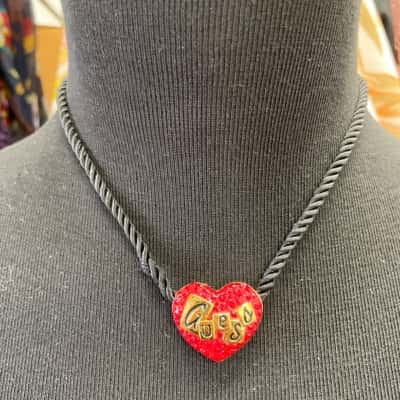 Guess Women's Necklace RED crystal love heart pendant with black rope cord